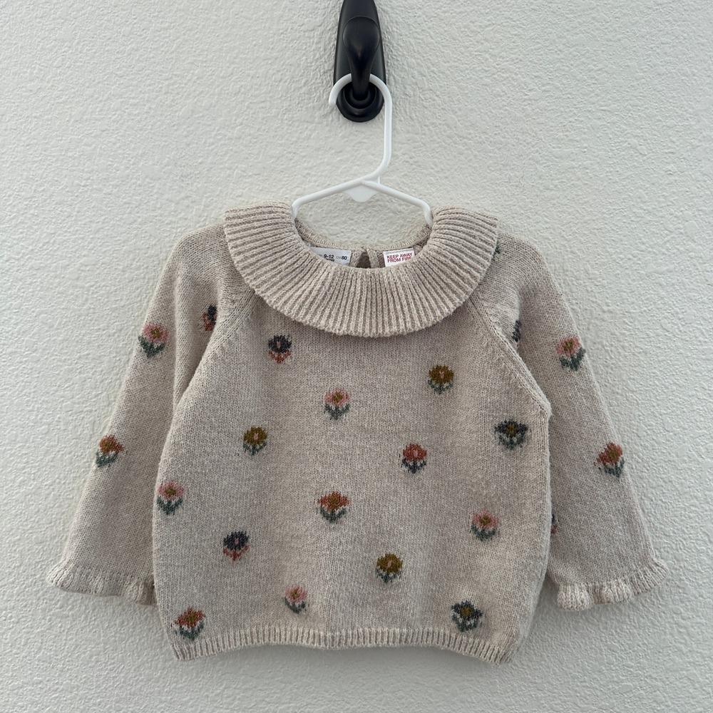Zara Knit Sweater Baby Girl 9-12 Months Beige Floral Peter Pan Collar Ruffle